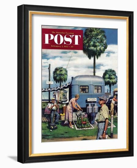 "Trailer Park Garden" Saturday Evening Post Cover, February 2, 1952-Stevan Dohanos-Framed Giclee Print