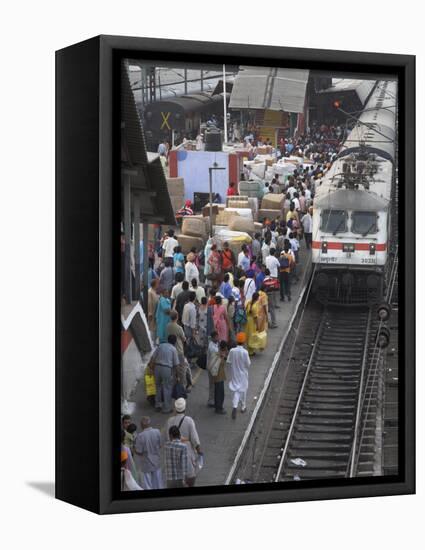 Train Ariving at Crowded Platform in New Delhi Train Station, Delhi, India-Eitan Simanor-Framed Premier Image Canvas