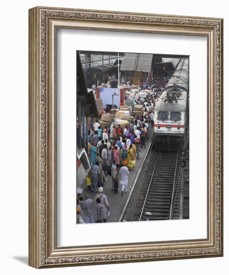 Train Ariving at Crowded Platform in New Delhi Train Station, Delhi, India-Eitan Simanor-Framed Photographic Print