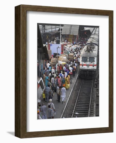 Train Ariving at Crowded Platform in New Delhi Train Station, Delhi, India-Eitan Simanor-Framed Photographic Print