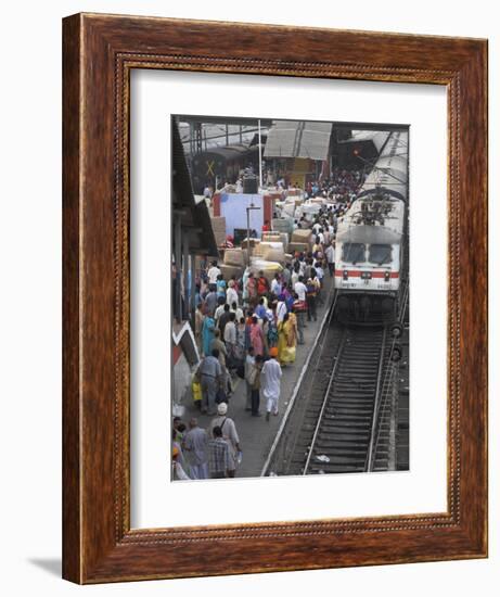 Train Ariving at Crowded Platform in New Delhi Train Station, Delhi, India-Eitan Simanor-Framed Photographic Print