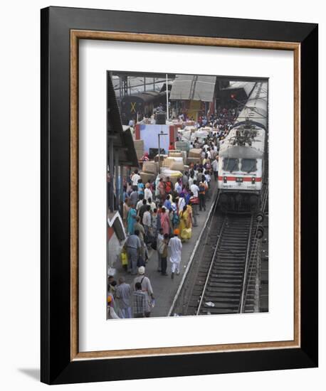 Train Ariving at Crowded Platform in New Delhi Train Station, Delhi, India-Eitan Simanor-Framed Photographic Print