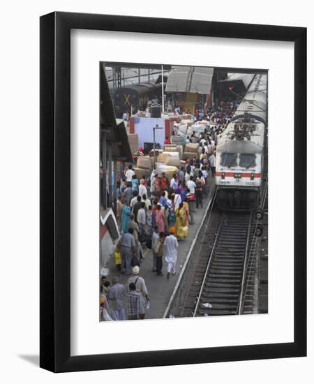 Train Ariving at Crowded Platform in New Delhi Train Station, Delhi, India-Eitan Simanor-Framed Photographic Print