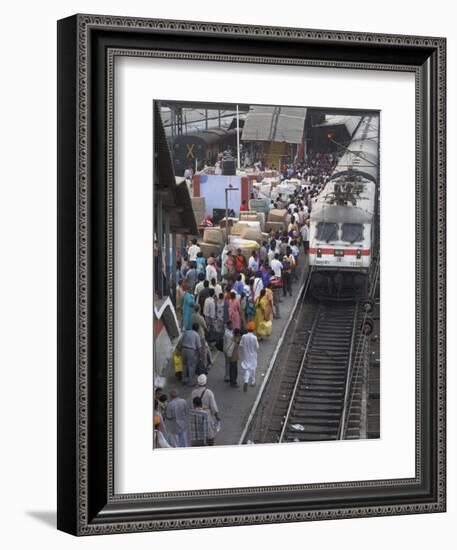 Train Ariving at Crowded Platform in New Delhi Train Station, Delhi, India-Eitan Simanor-Framed Photographic Print