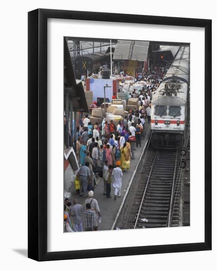 Train Ariving at Crowded Platform in New Delhi Train Station, Delhi, India-Eitan Simanor-Framed Photographic Print