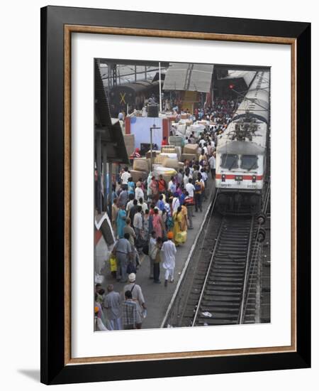 Train Ariving at Crowded Platform in New Delhi Train Station, Delhi, India-Eitan Simanor-Framed Photographic Print