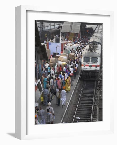 Train Ariving at Crowded Platform in New Delhi Train Station, Delhi, India-Eitan Simanor-Framed Photographic Print