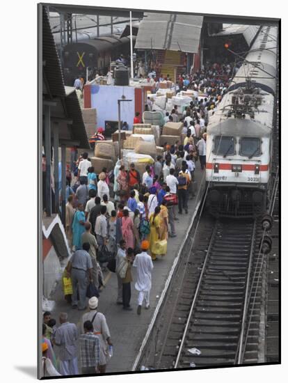 Train Ariving at Crowded Platform in New Delhi Train Station, Delhi, India-Eitan Simanor-Mounted Photographic Print