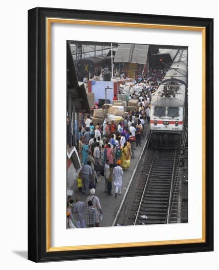 Train Ariving at Crowded Platform in New Delhi Train Station, Delhi, India-Eitan Simanor-Framed Photographic Print