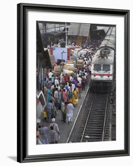 Train Ariving at Crowded Platform in New Delhi Train Station, Delhi, India-Eitan Simanor-Framed Photographic Print