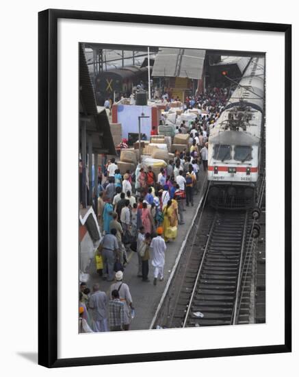 Train Ariving at Crowded Platform in New Delhi Train Station, Delhi, India-Eitan Simanor-Framed Photographic Print