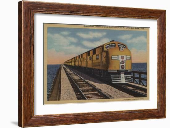 Train- Crossing Great Salt Lake, Ogden, Utah - Ogden, UT-Lantern Press-Framed Art Print