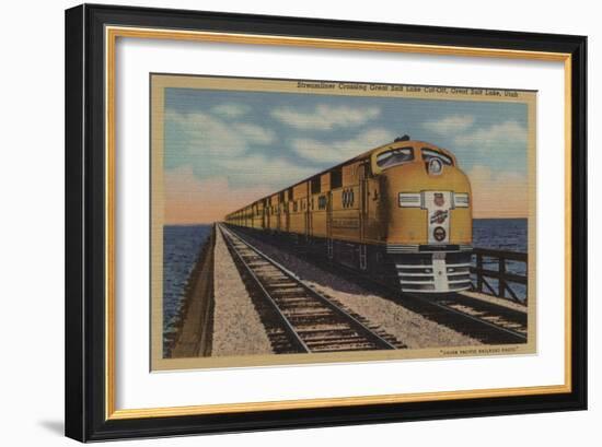 Train- Crossing Great Salt Lake, Ogden, Utah - Ogden, UT-Lantern Press-Framed Art Print