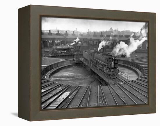 Train Engine on Turntable at Union Station roundhouse used to enable engines to enter-Alfred Eisenstaedt-Framed Premier Image Canvas