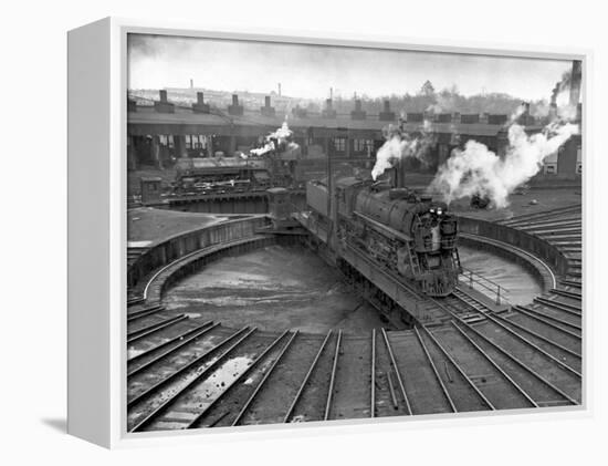 Train Engine on Turntable at Union Station roundhouse used to enable engines to enter-Alfred Eisenstaedt-Framed Premier Image Canvas