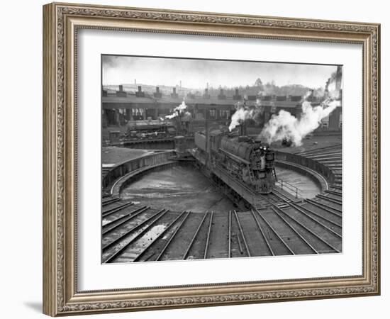 Train Engine on Turntable at Union Station roundhouse used to enable engines to enter-Alfred Eisenstaedt-Framed Photographic Print