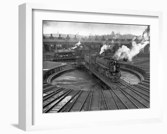 Train Engine on Turntable at Union Station roundhouse used to enable engines to enter-Alfred Eisenstaedt-Framed Photographic Print