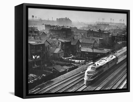 Train Moving Past Trackside Tenement Slums of Chicago-Gordon Coster-Framed Premier Image Canvas