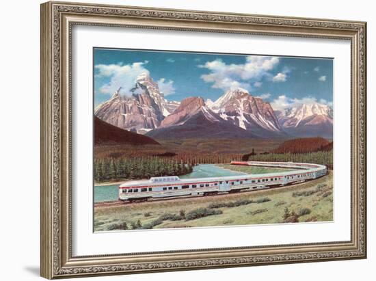 Train Passing through Rocky Mountains-null-Framed Art Print