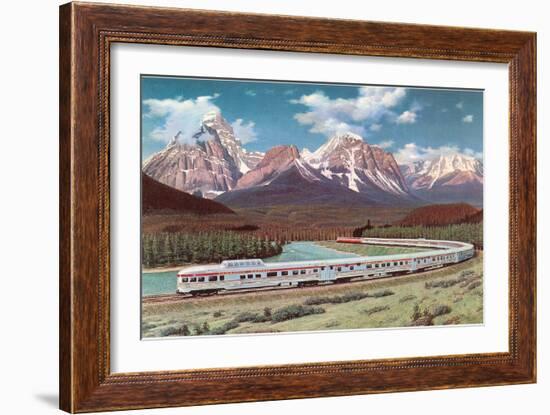 Train Passing through Rocky Mountains-null-Framed Art Print