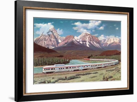 Train Passing through Rocky Mountains-null-Framed Art Print