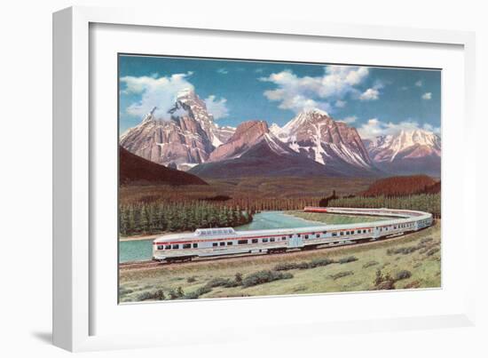 Train Passing through Rocky Mountains-null-Framed Art Print