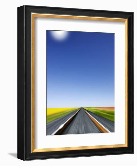 Train Race Towards a Green Light on the Horizon, Blue Sky, Perspective of the Engineer-Harald Schšn-Framed Premium Photographic Print