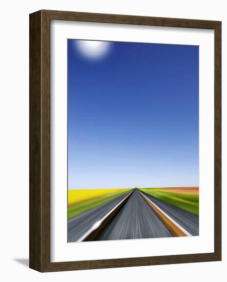 Train Race Towards a Green Light on the Horizon, Blue Sky, Perspective of the Engineer-Harald Schšn-Framed Photographic Print