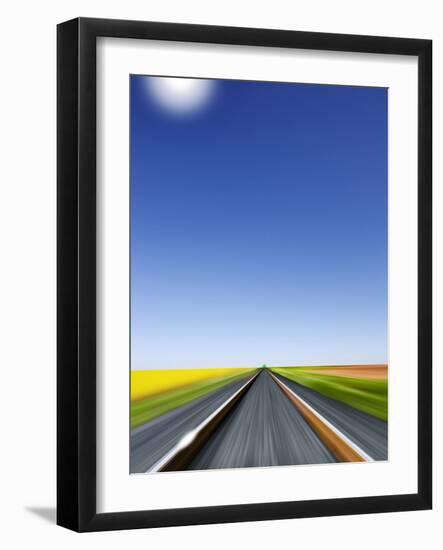 Train Race Towards a Green Light on the Horizon, Blue Sky, Perspective of the Engineer-Harald Schšn-Framed Photographic Print