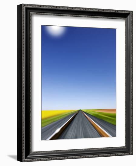 Train Race Towards a Green Light on the Horizon, Blue Sky, Perspective of the Engineer-Harald Schšn-Framed Photographic Print