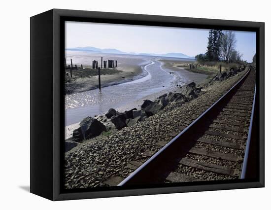 Train Tracks Leading to Bellingham, with San Juan Islands in Distance, Washington State-Aaron McCoy-Framed Premier Image Canvas