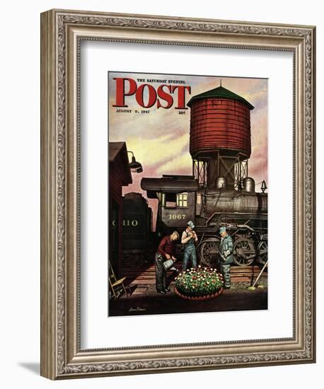 "Trainyard Flower Garden," Saturday Evening Post Cover, August 9, 1947-Stevan Dohanos-Framed Giclee Print