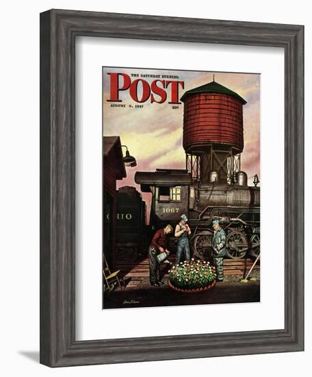 "Trainyard Flower Garden," Saturday Evening Post Cover, August 9, 1947-Stevan Dohanos-Framed Giclee Print