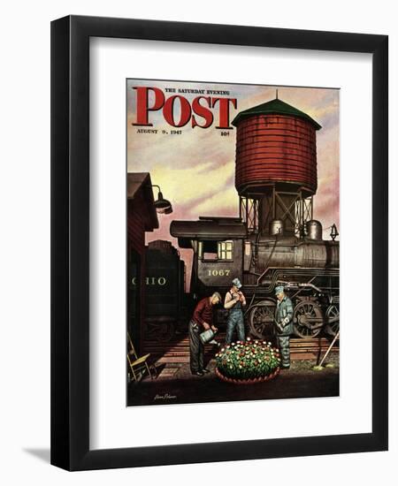 "Trainyard Flower Garden," Saturday Evening Post Cover, August 9, 1947-Stevan Dohanos-Framed Giclee Print