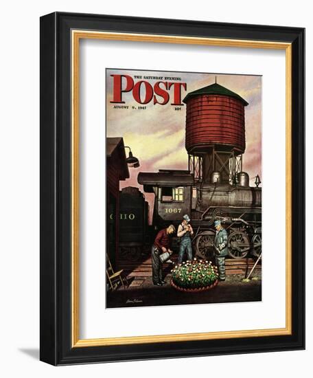 "Trainyard Flower Garden," Saturday Evening Post Cover, August 9, 1947-Stevan Dohanos-Framed Giclee Print