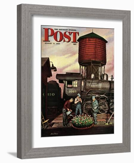 "Trainyard Flower Garden," Saturday Evening Post Cover, August 9, 1947-Stevan Dohanos-Framed Giclee Print