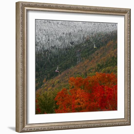 Tram Cars Take Tourists Up Cannon Mountain in New Hampshire as Snow Meets with Changing Leaves-null-Framed Photographic Print