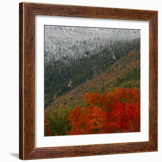 Tram Cars Take Tourists Up Cannon Mountain in New Hampshire as Snow Meets with Changing Leaves-null-Framed Photographic Print