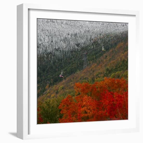 Tram Cars Take Tourists Up Cannon Mountain in New Hampshire as Snow Meets with Changing Leaves-null-Framed Photographic Print