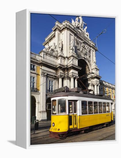 Tram (Electricos) Below the Arco Da Rua Augusta in Praca Do Comercio, Baixa, Lisbon, Portugal-Stuart Black-Framed Premier Image Canvas