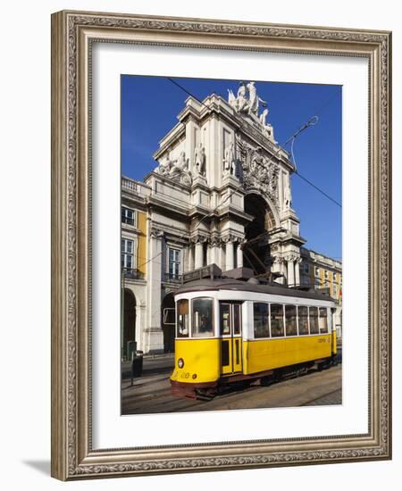 Tram (Electricos) Below the Arco Da Rua Augusta in Praca Do Comercio, Baixa, Lisbon, Portugal-Stuart Black-Framed Photographic Print