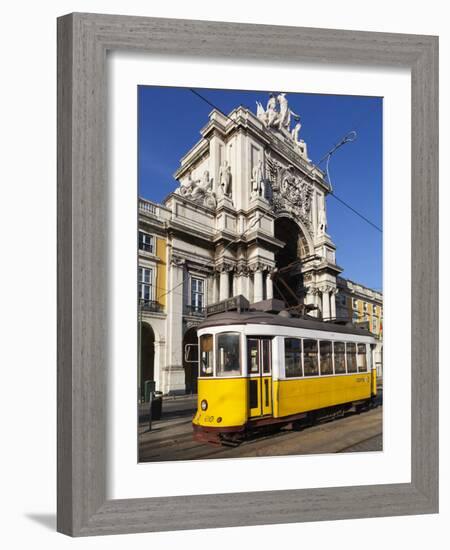 Tram (Electricos) Below the Arco Da Rua Augusta in Praca Do Comercio, Baixa, Lisbon, Portugal-Stuart Black-Framed Photographic Print