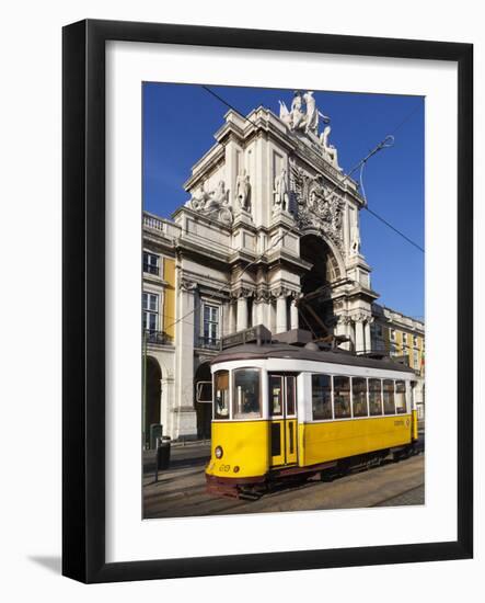 Tram (Electricos) Below the Arco Da Rua Augusta in Praca Do Comercio, Baixa, Lisbon, Portugal-Stuart Black-Framed Photographic Print