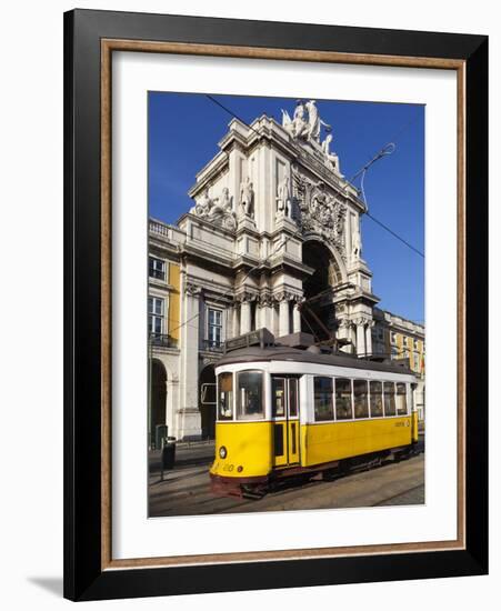 Tram (Electricos) Below the Arco Da Rua Augusta in Praca Do Comercio, Baixa, Lisbon, Portugal-Stuart Black-Framed Photographic Print