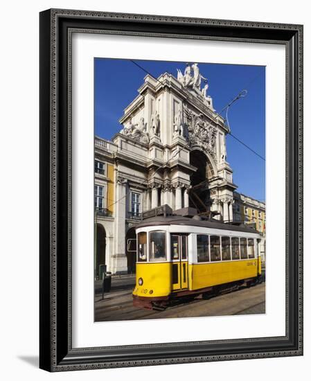 Tram (Electricos) Below the Arco Da Rua Augusta in Praca Do Comercio, Baixa, Lisbon, Portugal-Stuart Black-Framed Photographic Print