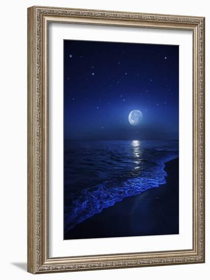 Tranquil Ocean at Night Against Starry Sky and Moon-null-Framed Photographic Print