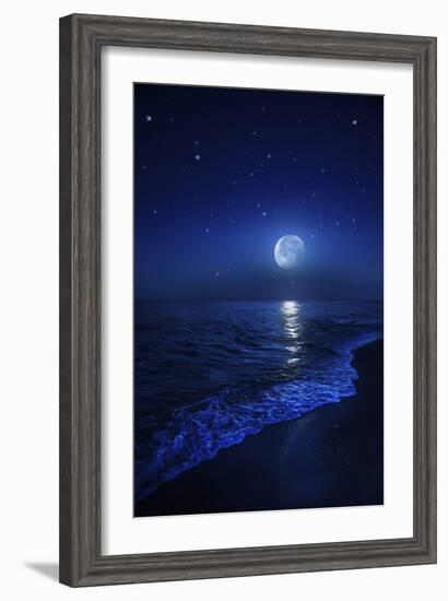 Tranquil Ocean at Night Against Starry Sky and Moon-null-Framed Photographic Print