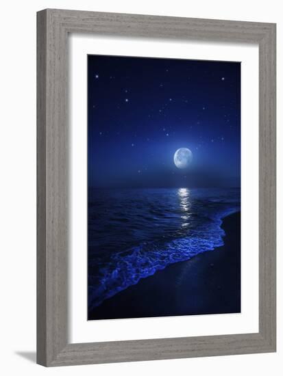 Tranquil Ocean at Night Against Starry Sky and Moon-null-Framed Photographic Print