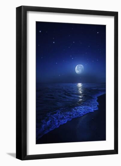 Tranquil Ocean at Night Against Starry Sky and Moon--Framed Photographic Print