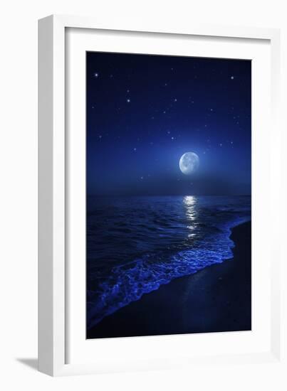 Tranquil Ocean at Night Against Starry Sky and Moon-null-Framed Photographic Print